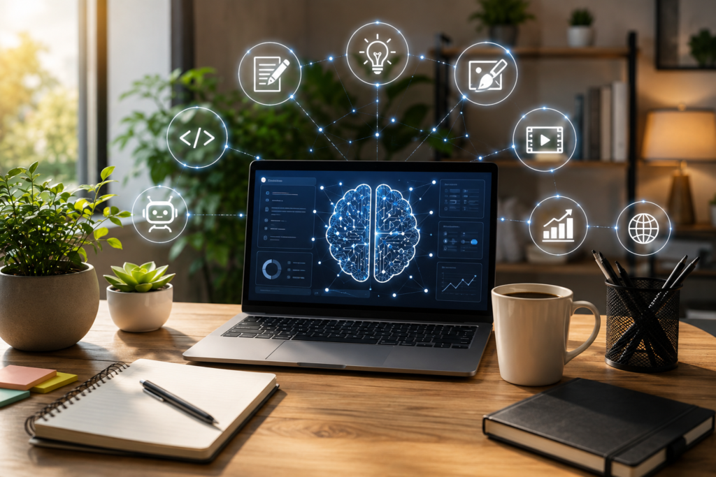 Modern home office workspace with a laptop displaying AI-inspired visuals, a notebook, coffee mug, and icons representing writing, design, coding, video editing, and online business.