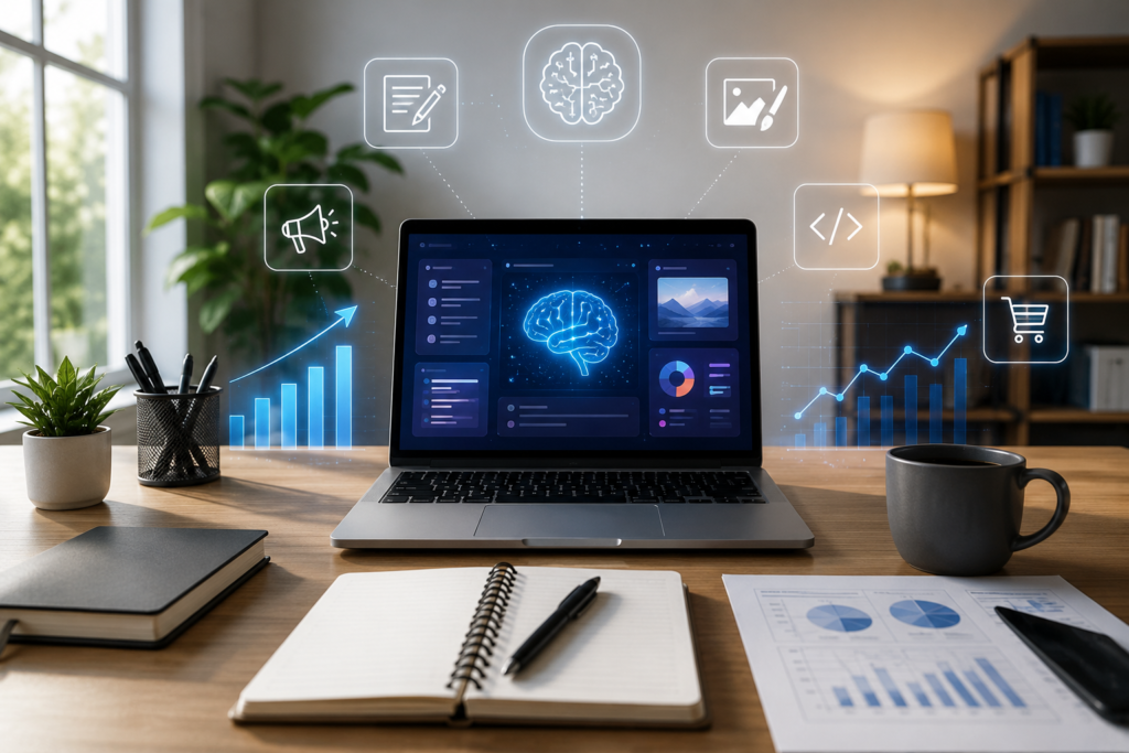 Modern home office workspace with a laptop displaying AI productivity tools, notebook, coffee mug, business growth charts, and icons representing writing, design, marketing, coding, and online business.