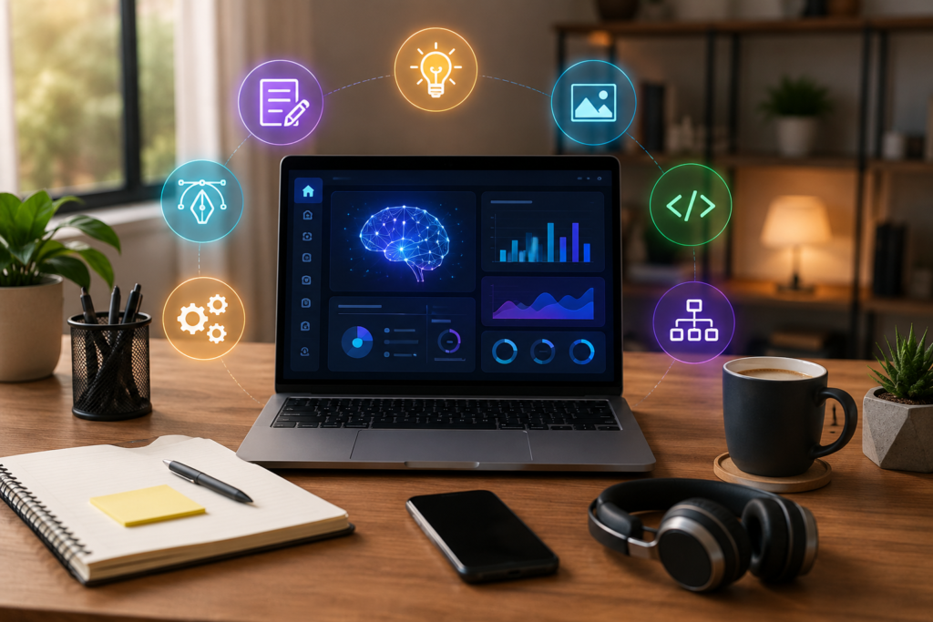A modern home office featuring a laptop displaying AI productivity dashboards, surrounded by a notebook, smartphone, coffee mug, headphones, and glowing icons representing writing, graphic design, coding, automation, and project management.