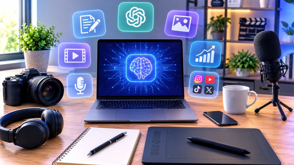 Modern content creator workspace featuring AI-powered tools on a laptop with a camera, microphone, graphics tablet, notebook, and creative equipment in a clean home office.