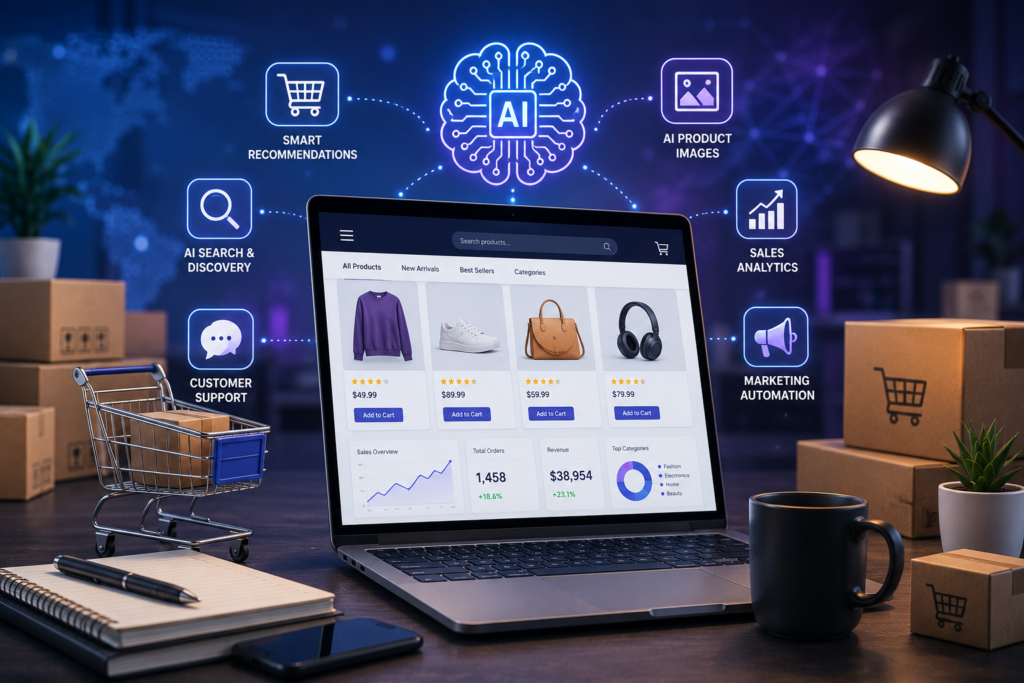 AI-powered ecommerce workspace with an online store dashboard, product listings, shopping cart, analytics, and digital AI features.
